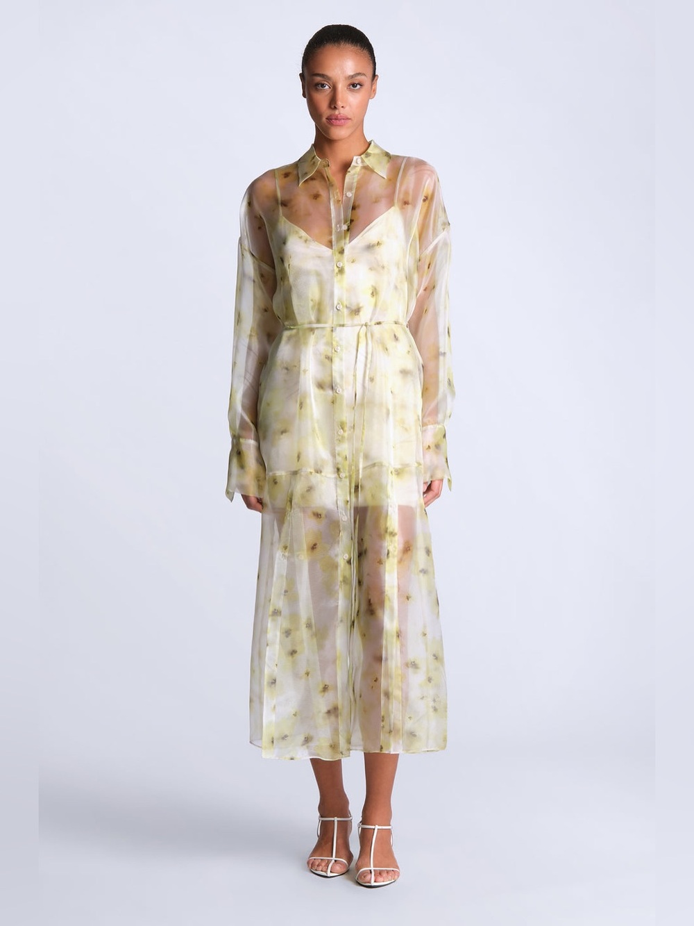 BCBGMaxAzria Monica Sheer Yellow Floral Button-Front Maxi Dress